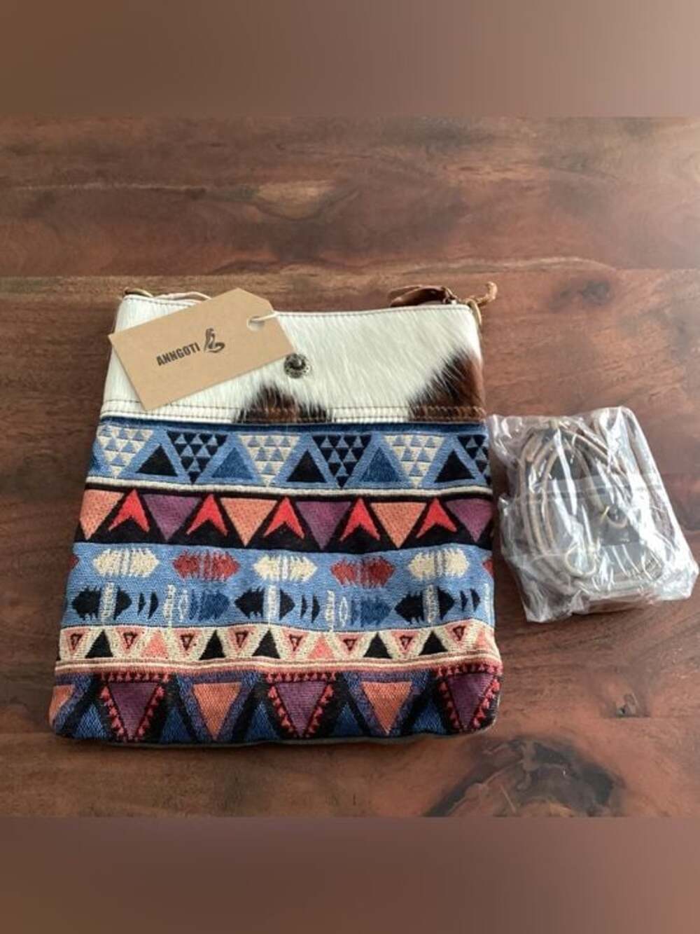Handwoven Geometric Crossbody Hair on Hide Bag in Blue, Red, Pink — NWT